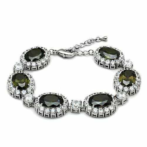 Brass Silver Olive Green CZ Oval Halo Link Bracelet view 1