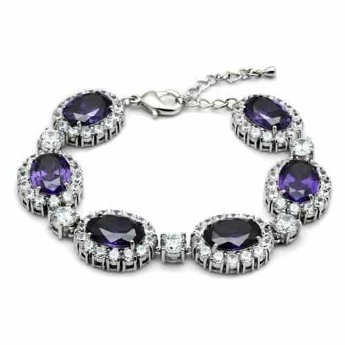Brass Silver Amethyst Purple CZ Oval Halo Link Bracelet view 1