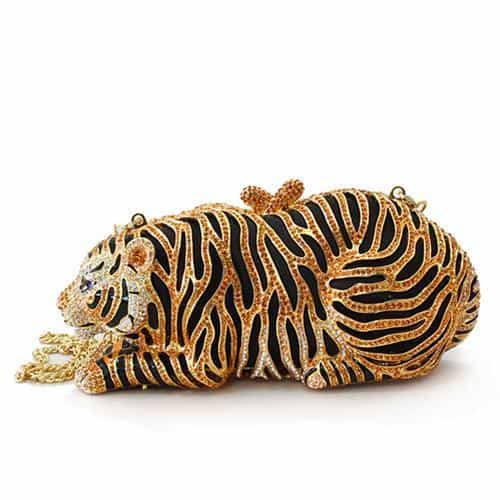 Brass Gold Crystal Tiger Figure Clutch Ring view 1