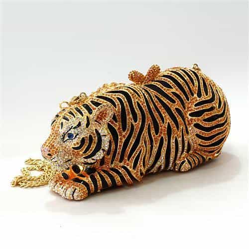 Brass Gold Crystal Tiger Figure Clutch Ring view 2