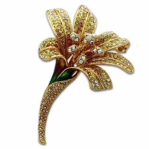 Brass Gold Champagne Crystal Pave Lily Flower Brooch view 1