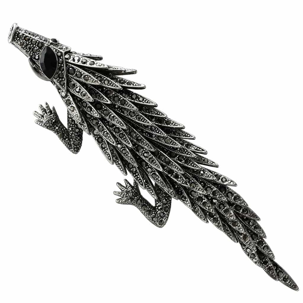Brass Silver Marcasite Crystal Feather Wing Brooch view 1
