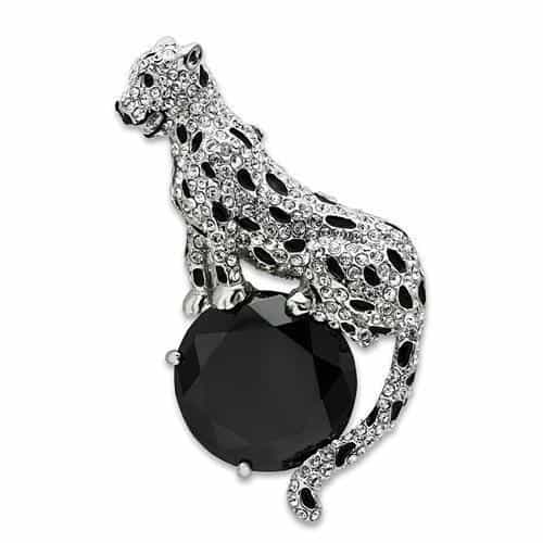 Brass Silver CZ Pave Leopard Figure Brooch view 1