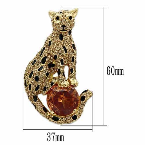 Brass Gold Champagne Crystal Leopard Cat Figure Brooch view 2