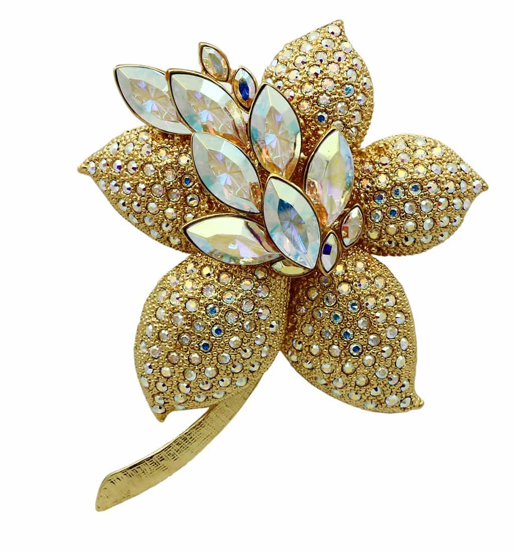 Brass Gold Aurora Borealis Crystal Pave Lily Flower Brooch view 1