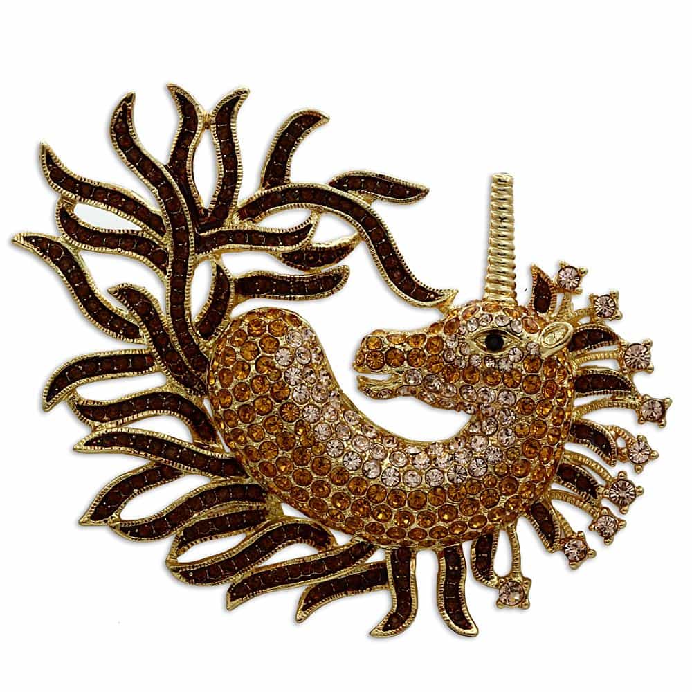 Brass Gold Crystal Pave Unicorn Seahorse Figure Brooch view 1