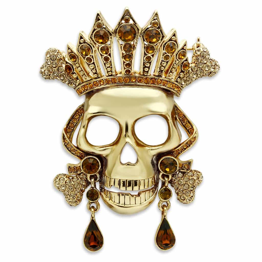Brass Gold Crystal Pave Crown Skull Figure Brooch view 1