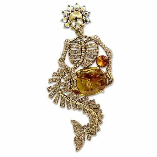 Brass Gold Crystal Pave Skeleton Mermaid Figure Brooch view 1
