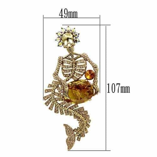 Brass Gold Crystal Pave Skeleton Mermaid Figure Brooch view 2