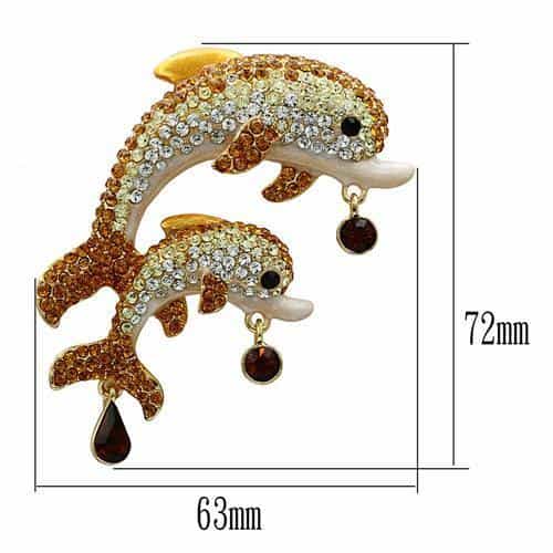Brass Gold Crystal Pave Double Dolphin Figure Brooch view 2