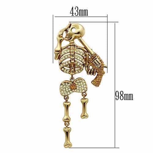Brass Gold Crystal Pave Pirate Skeleton Gun Brooch view 2