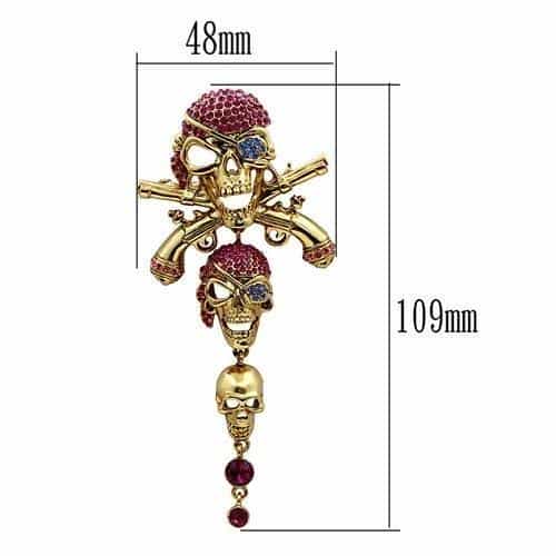 Brass Gold Pink Crystal Pirate Skull Crossbones Brooch view 2