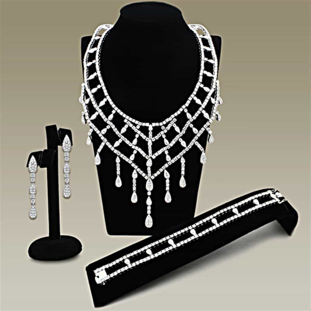 Brass Silver CZ Chandelier Cascade Statement Jewelry Set view 1