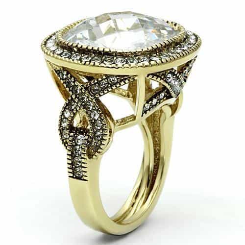 Brass Gold Clear CZ Cushion Halo Pave Cocktail Ring view 3