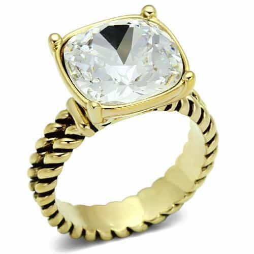 Brass Gold Clear CZ Cushion Cable Twist Solitaire Ring view 1
