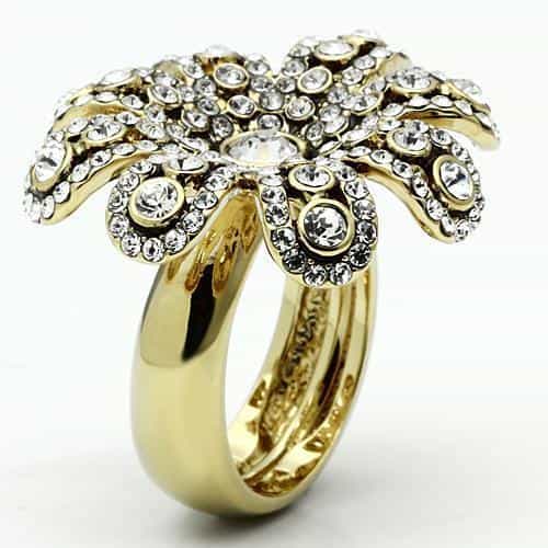 Brass Gold Clear Crystal Bezel Flower Cocktail Ring view 3