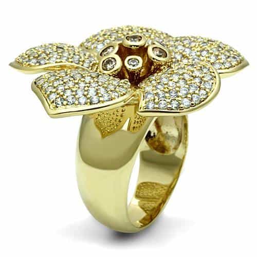 Brass Gold CZ Pave Four Petal Flower Cocktail Ring view 2