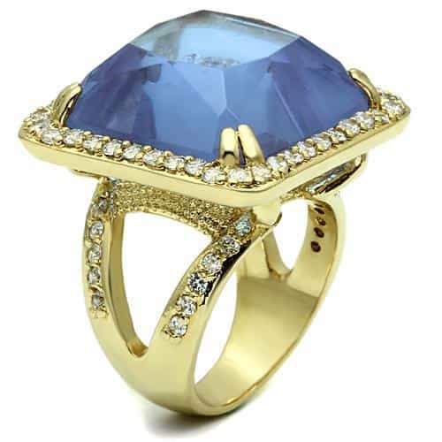 Brass Gold Blue Sapphire Square CZ Halo Cocktail Ring view 3