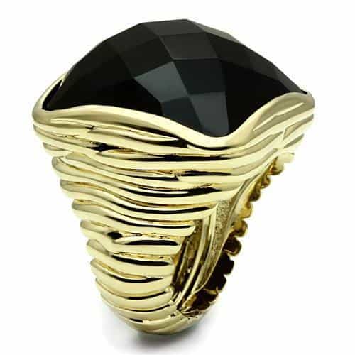 Brass Gold Black Onyx Faceted Cushion Wide Dome Cocktail Ring view 3