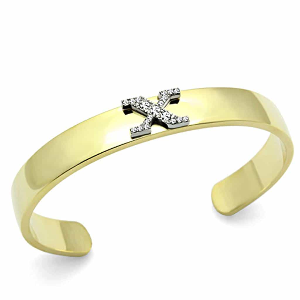 Brass Gold CZ Initial Letter X Open Cuff Bracelet view 1