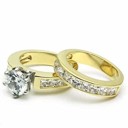 Brass Gold Round CZ Solitaire Channel Set Wedding Ring Set Ring view 2