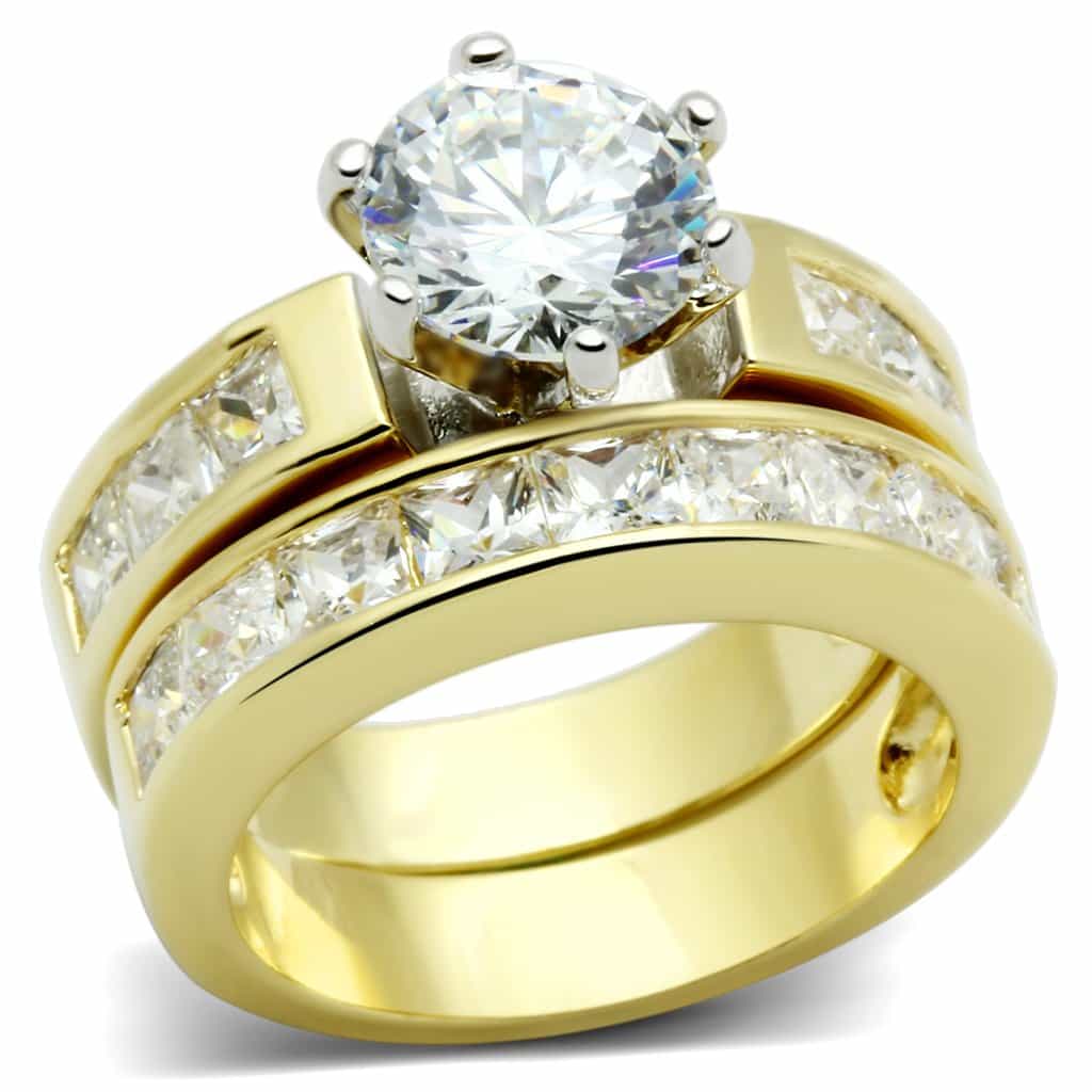 Brass Gold Round CZ Solitaire Channel Set Wedding Ring Set Ring view 1
