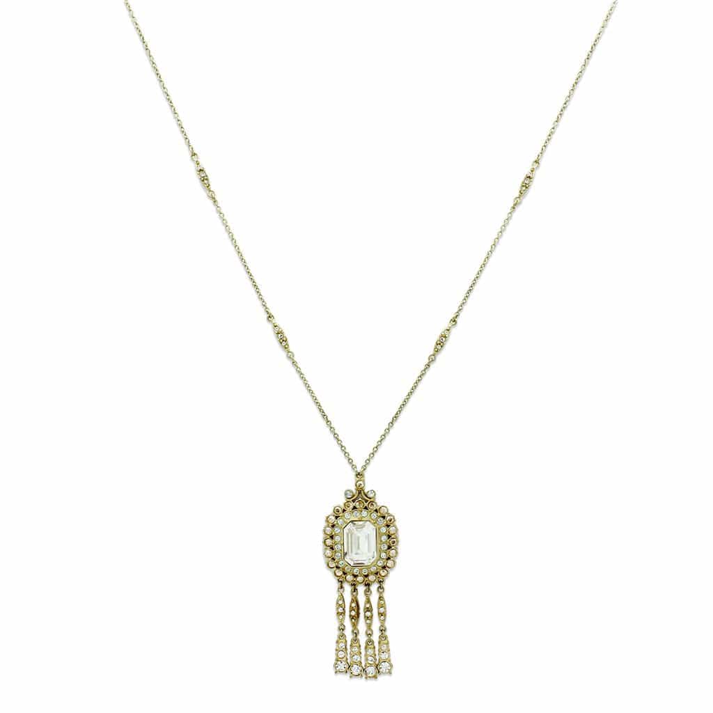 Brass Gold Crystal Oval Cabochon Fringe Drop Pendant Necklace view 1