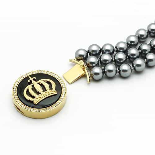 Brass Gold Grey Pearl Crown Medallion Double Strand Bracelet view 2