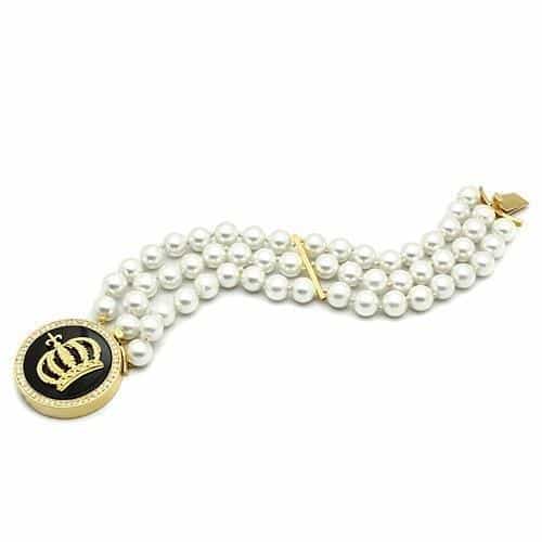 Brass Gold Grey Pearl Crown Medallion Single Strand Bracelet view 1