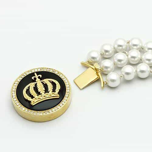 Brass Gold Grey Pearl Crown Medallion Single Strand Bracelet view 2