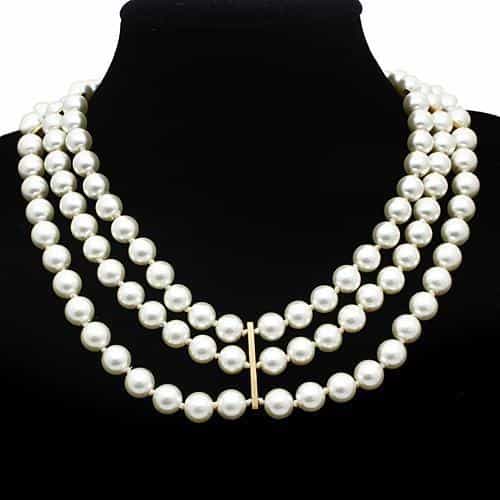 Brass Gold White Pearl Crown Medallion Triple Strand Necklace view 2
