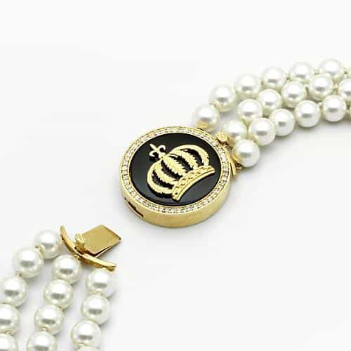 Brass Gold White Pearl Crown Medallion Triple Strand Necklace view 3