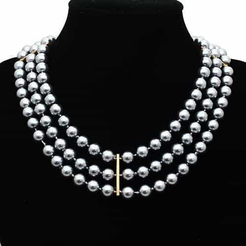 Brass Gold Dark Grey Pearl Crown Medallion Double Strand Necklace view 2