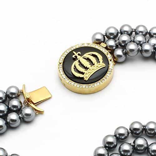 Brass Gold Dark Grey Pearl Crown Medallion Double Strand Necklace view 3