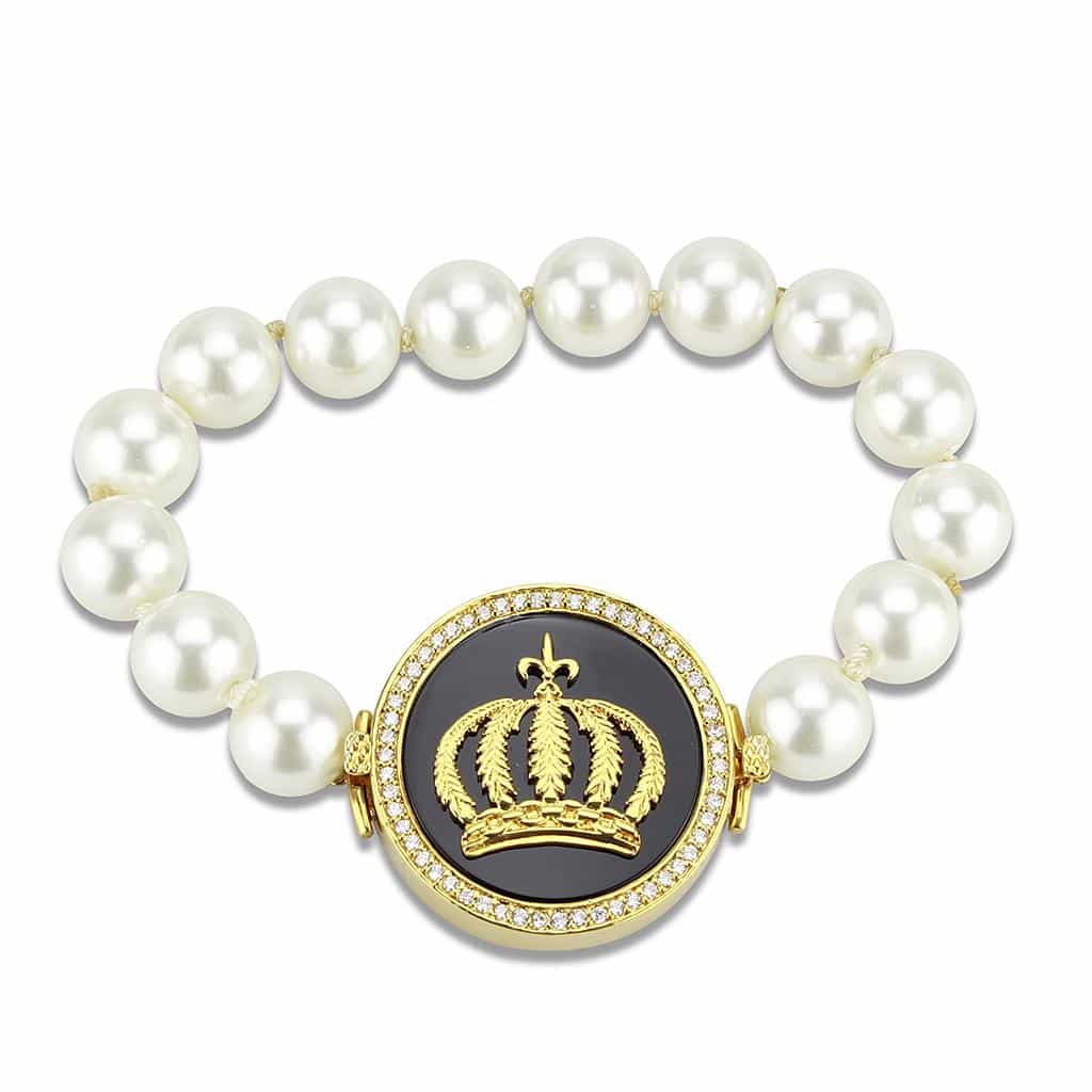 Brass Gold White Pearl Crown Medallion CZ Bracelet view 1