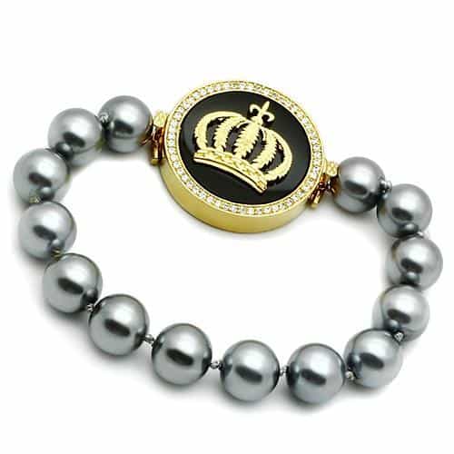 Brass Gold Grey Pearl Crown Medallion CZ Bracelet view 1