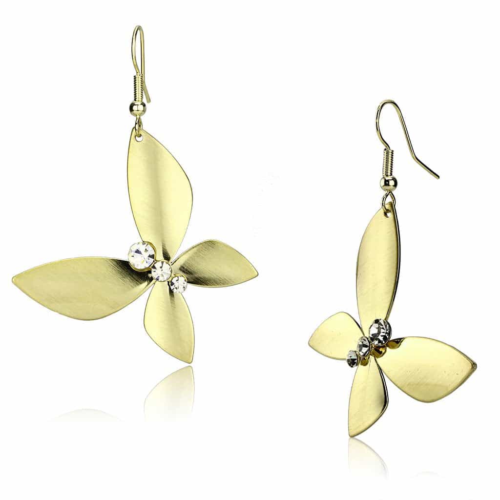 Iron Gold Brushed Satin Flower Petal CZ Drop Earrings view 1