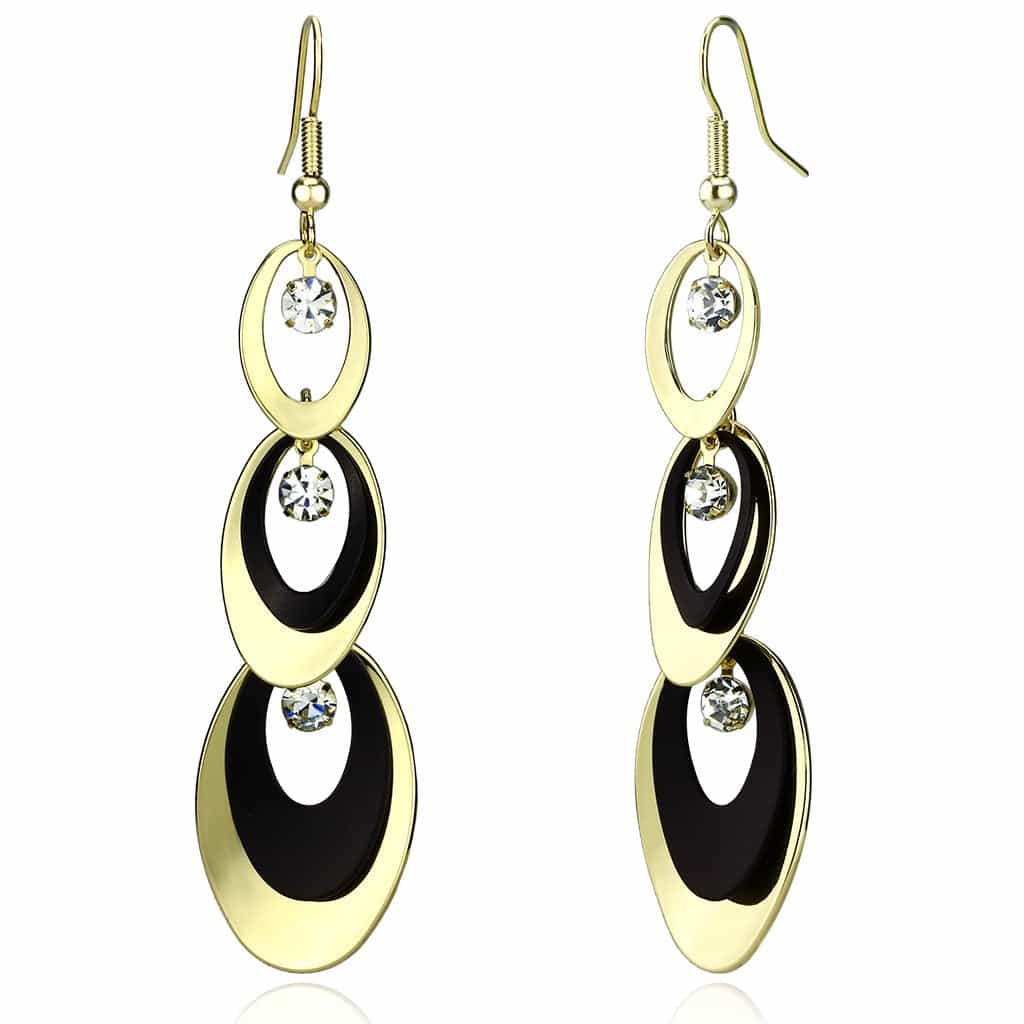 Iron Gold Black Enamel Oval CZ Triple Drop Earrings view 1