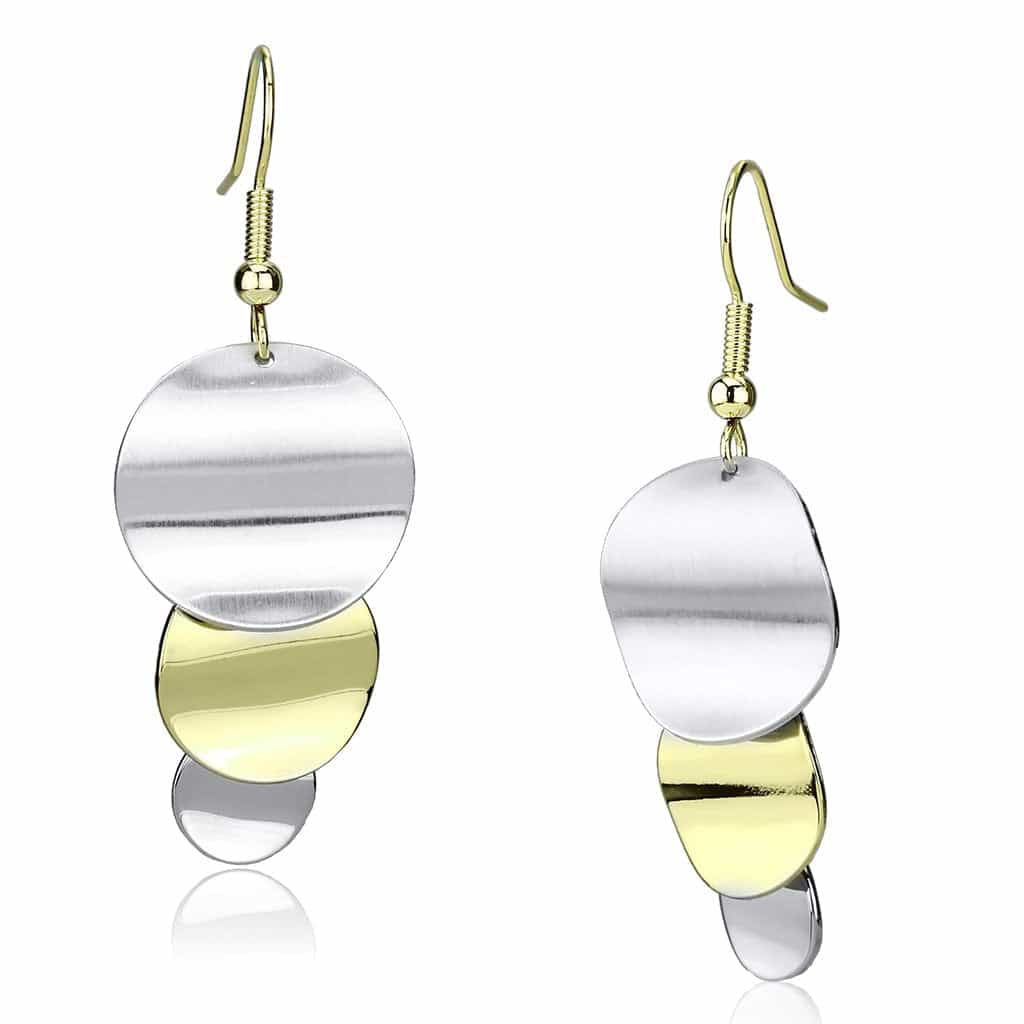Iron Two Tone Silver Gold Brushed Curved Disc Drop Earrings view 1