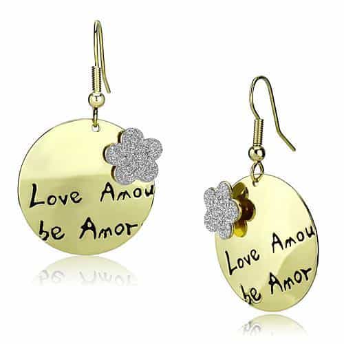Iron Gold Engraved Love Amour Amore Disc Drop Earrings view 1