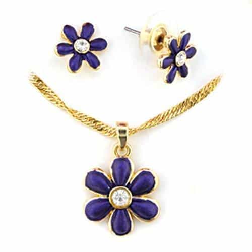 Brass Gold Purple Enamel Flower Stud Pendant Necklace Necklace view 1