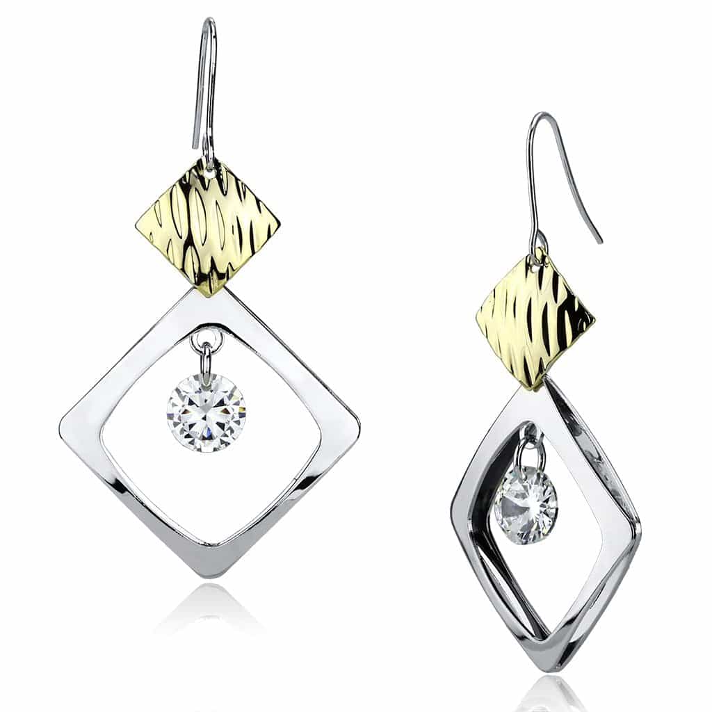 Iron Silver CZ Diamond Square Textured Gold Drop Earrings view 1