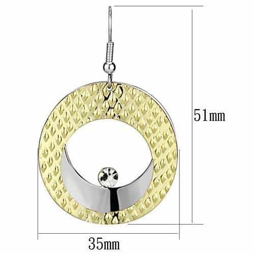 Iron Two Tone Gold Silver Hammered Disc Circle CZ Drop Earrings view 2