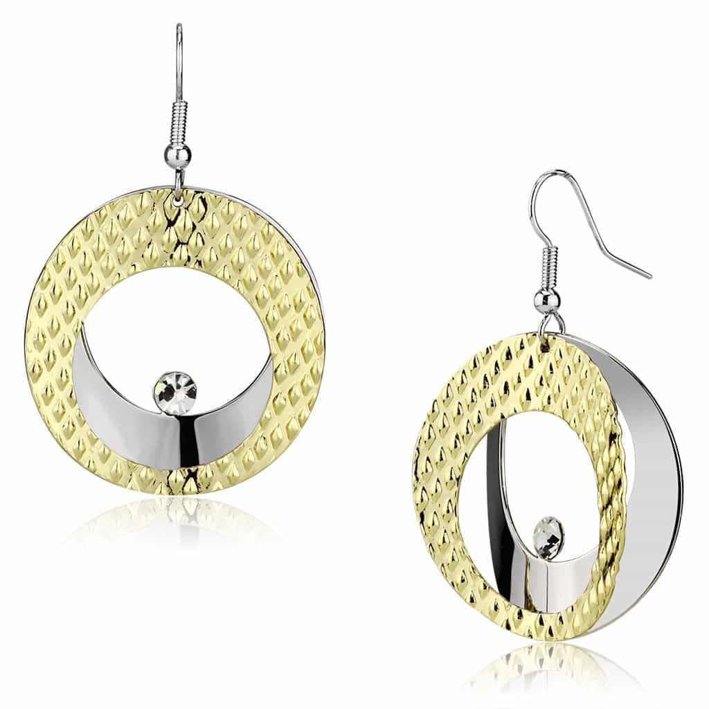 Iron Two Tone Gold Silver Hammered Disc Circle CZ Drop Earrings view 1