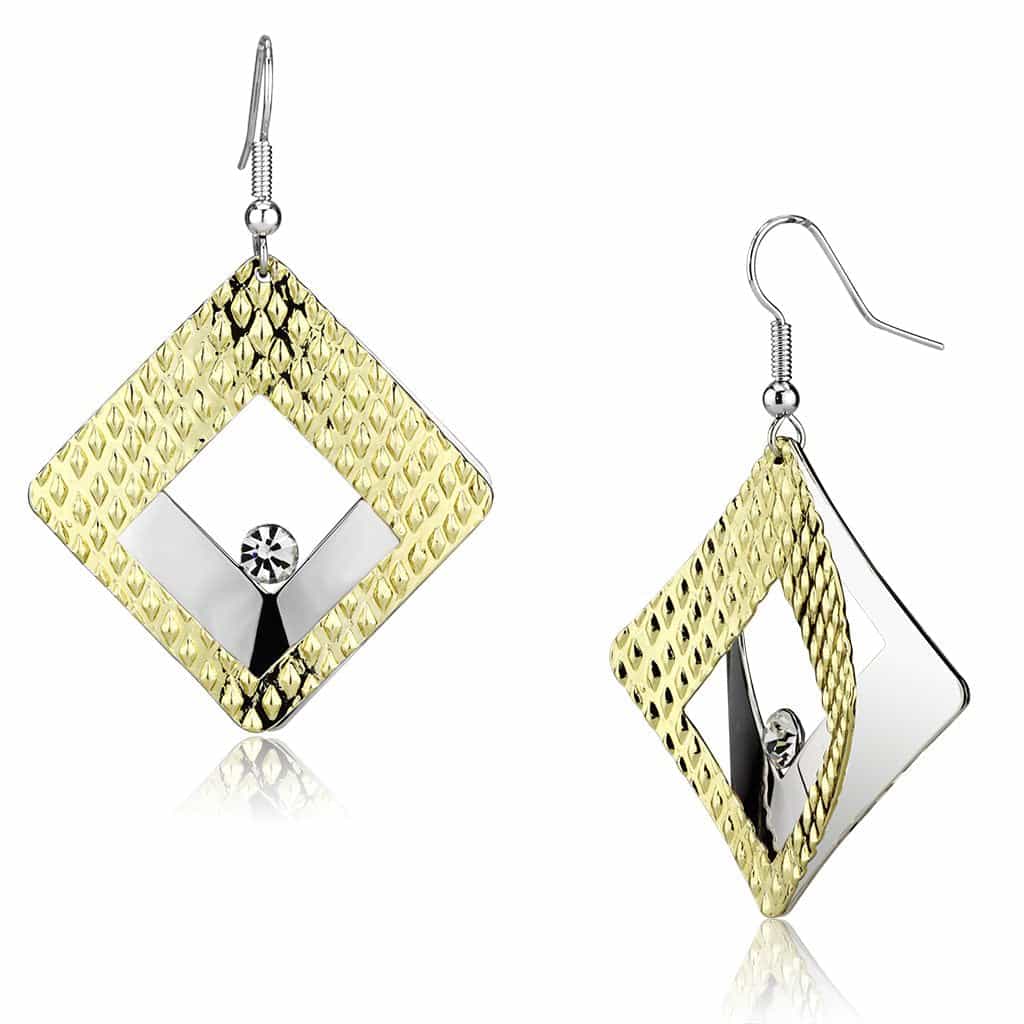 Iron Gold Textured Diamond Square CZ Silver Drop Earrings view 1
