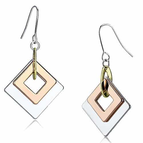 Iron Two Tone Rose Gold Silver Nested Diamond Square Earrings view 1