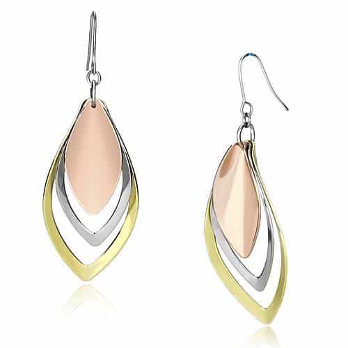 Iron Tri Tone Rose Gold Silver Gold Nested Marquise Leaf Earrings view 1
