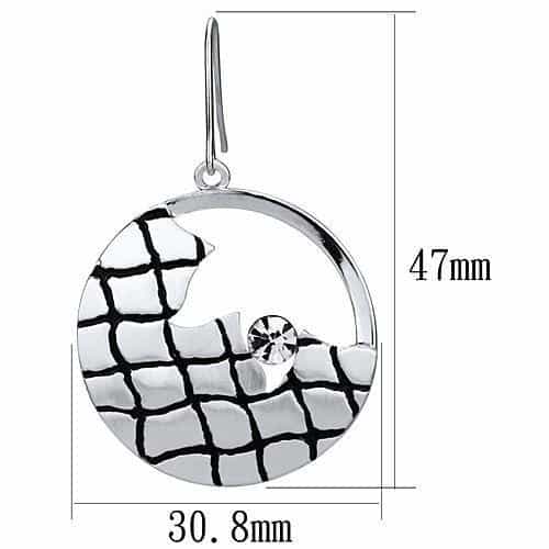 Iron Silver Black Crosshatch Grid Circle CZ Drop Earrings view 2