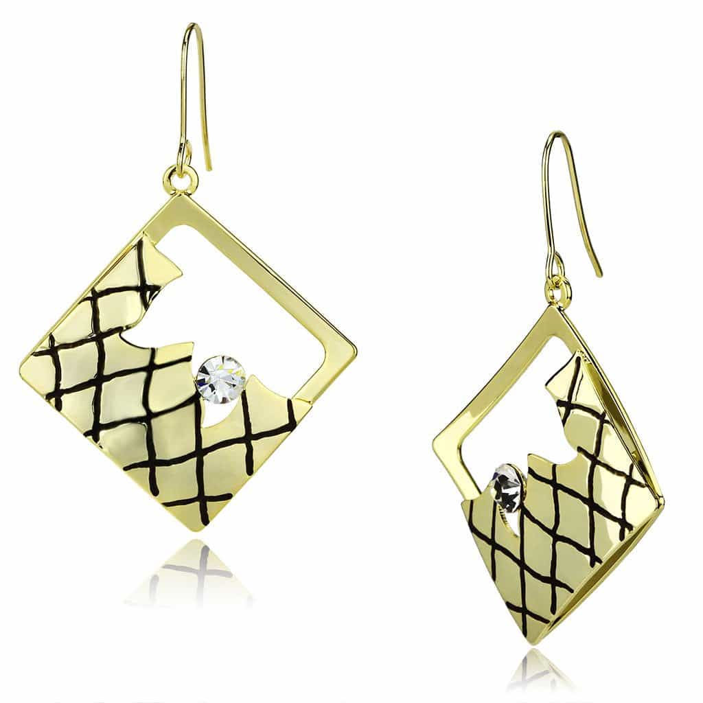 Iron Gold Black Crosshatch Grid Diamond Square CZ Drop Earrings view 1