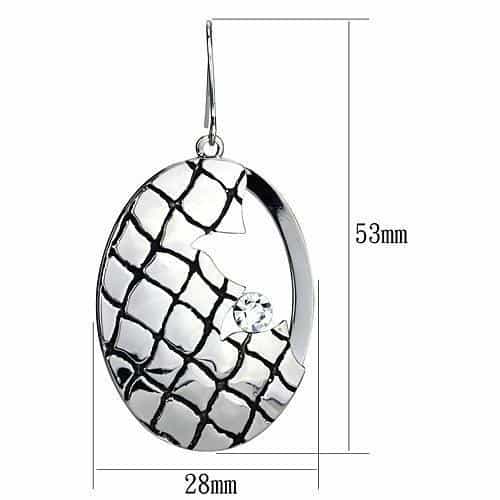 Iron Silver Black Crosshatch Grid Oval CZ Drop Earrings view 2